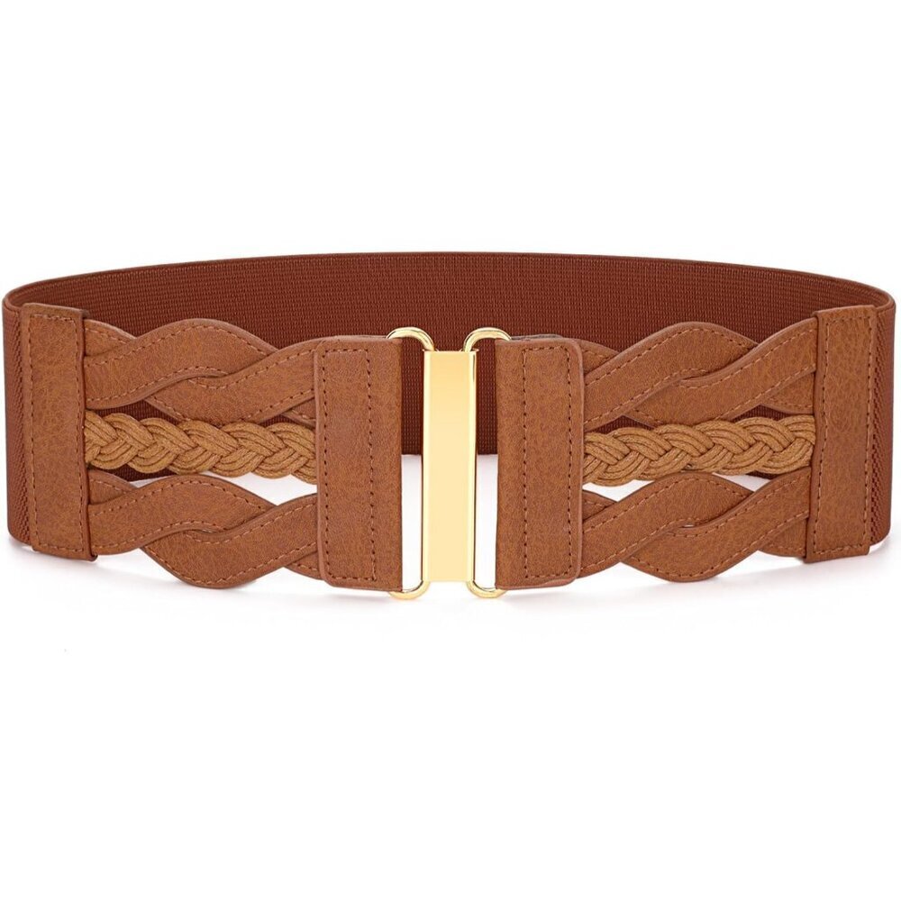 Vintage Elastic Wide Belt for Women Faux Leather Gold Buckle Dress Coat